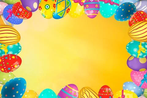 Colorful Easter egg frame edge border against a yellow background. Space for Stock Photos