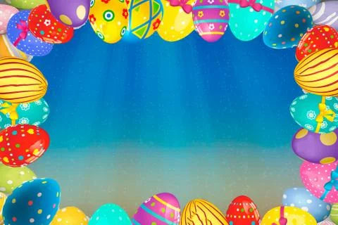 Colorful Easter egg frame edge border against a blue background. Space for te Stock Photos