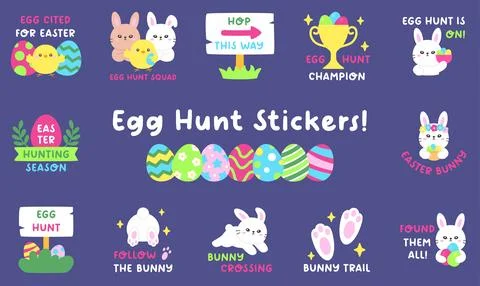 Colorful Easter Egg Hunt Sticker Set on Purple Background Stock Illustration