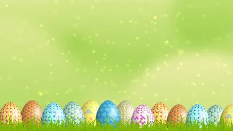 Colorful Easter egg line on green grass land and eye pleasing beautiful blu.. Stock Illustration