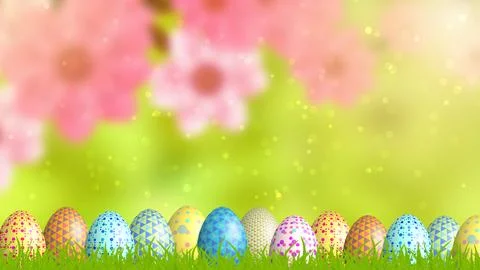 Colorful Easter egg line on green grass land and eye pleasing beautiful blu.. Stock Illustration