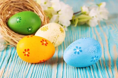 Colorful easter egg in nest Stock Photos