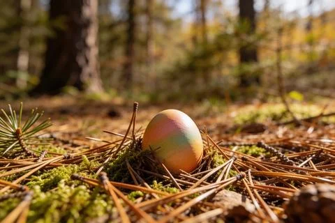 A colorful Easter egg nestled in a forest floor of pine needles and moss Stock Photos