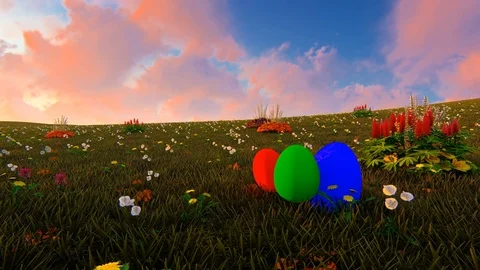 Colorful Easter egg  at sunset on meadow field Stock Footage 86421770