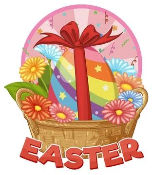 Colorful Easter Egg in Wicker Basket with Flowers and Red Ribbon Stock Illustration