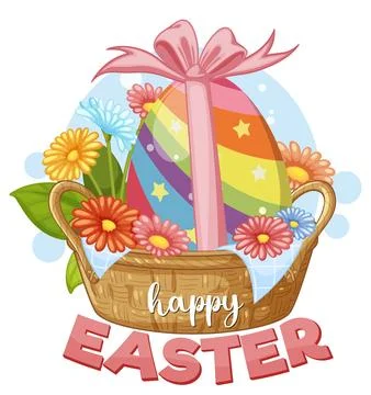 Colorful Easter Egg in Wicker Basket with Spring Flowers Illustration Stock Illustration