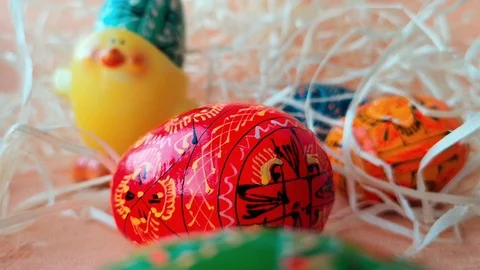 Colorful Easter eggs among straw Stock Footage 103847597