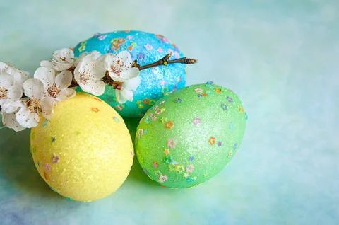 Colorful easter eggs and branch with flowers Stock Photos