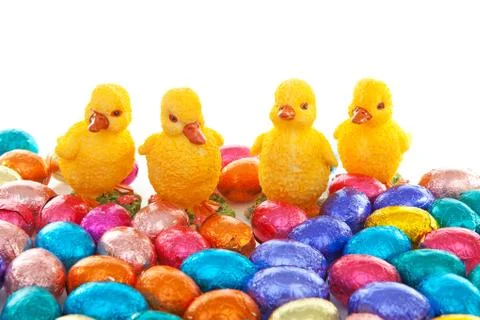 Colorful easter eggs and chickens Stock Photos