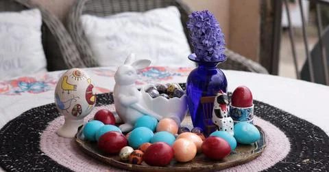 Colorful Easter eggs and creative decorating techniques for an impressive c.. Stock Photos