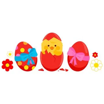 Colorful Easter eggs and cute hatching chicken bird. Stock Illustration