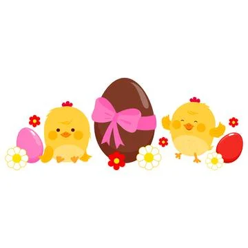 Colorful Easter eggs and cute chicken birds. Stock Illustration