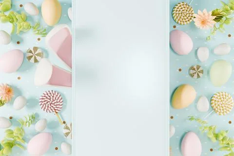 Colorful Easter eggs and decorations surround a blank space for holiday Illustrazione stock