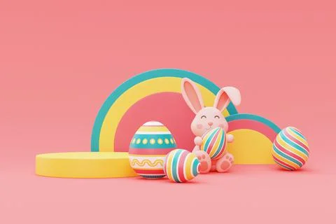 Colorful easter eggs and easter bunny with podium,happy easter holiday concep Stock Illustration
