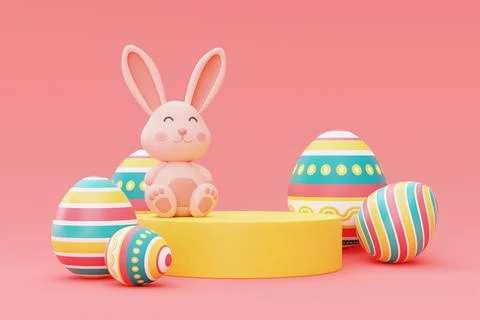 Colorful easter eggs and easter bunny with podium,happy easter holiday concep Stock Illustration