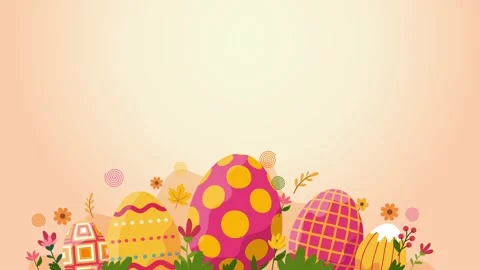 Colorful easter eggs and flowers on warm orange gradient background sunset Stock Footage 327518271