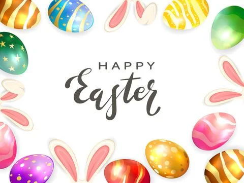 Colorful Easter Eggs and Rabbit Ears on White Stock Illustration