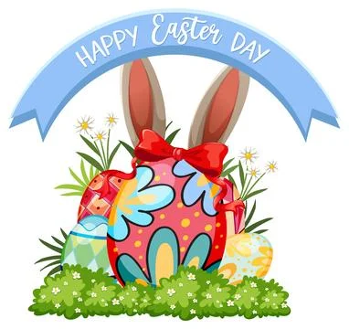 Colorful Easter Eggs and Rabbit Ears with Happy Easter Day Banner Stock Illustration
