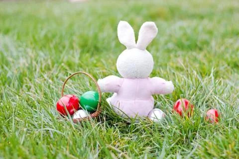 Colorful easter eggs and rabbit on green grass Stock Photos