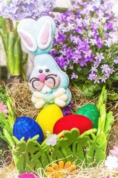 Colorful easter eggs and rabbit toy Stock Photos