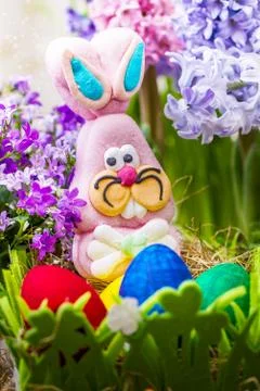 Colorful easter eggs and rabbit toy Stock Photos