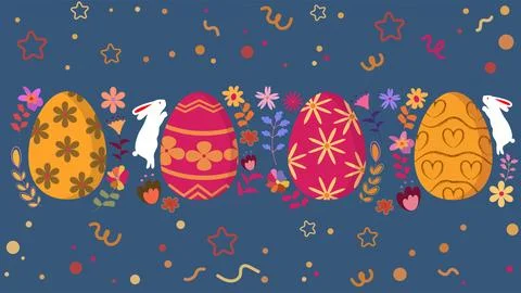 Colorful Easter Eggs and Rabbits Spring Background Stock Illustration