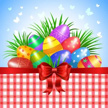 Colorful Easter eggs and red ribbon, bow for Easter holidays design. Stock Illustration
