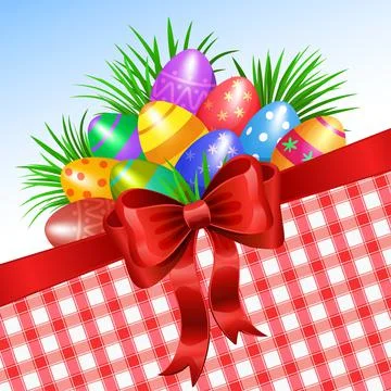 Colorful Easter eggs and red ribbon, bow for Easter holidays design. Stock Illustration