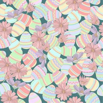 Colorful easter eggs and spring flowers seamless pattern. Vector illustration 스톡 일러스트