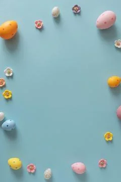 Colorful Easter Eggs and Sugar Flowers. Festive Spring Background Stock Photos