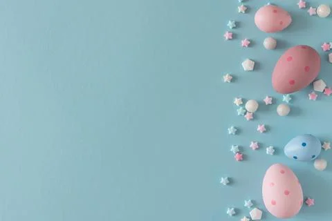 Colorful Easter Eggs and Sugar Stars. Festive Spring Background Stock Photos