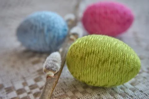 Colorful easter eggs and willow branch Stock Photos