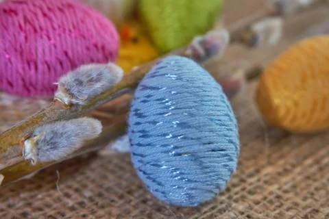 Colorful easter eggs and willow branch Stock Photos