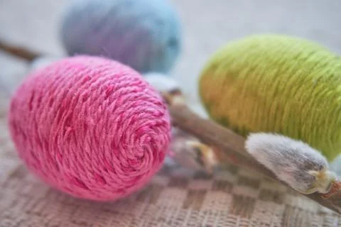 Colorful easter eggs and willow branch Stock Photos