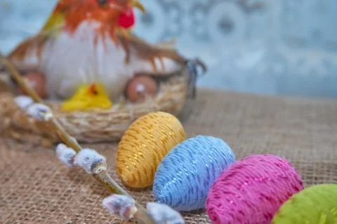 Colorful easter eggs and willow branch Stock Photos
