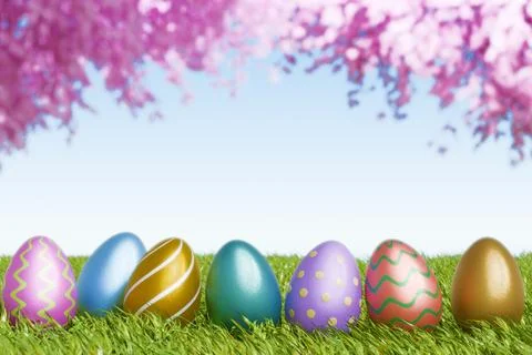 Colorful Easter eggs arranged on grass under a blooming tree Illustrazione stock