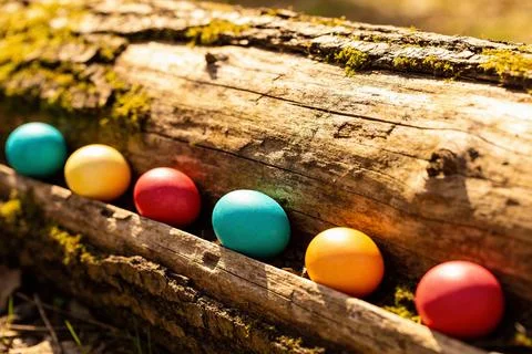Colorful Easter eggs arranged in a row on a mossy fallen log in sunlight Stock Photos