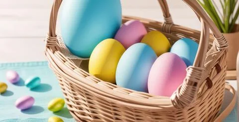 Colorful Easter Eggs in a Basket, Easter Holiday, Easter Decorations, Easter Bac 库存照片