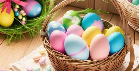 Colorful Easter Eggs in a Basket, Easter Holiday, Easter Decorations, Easter Bac 库存照片