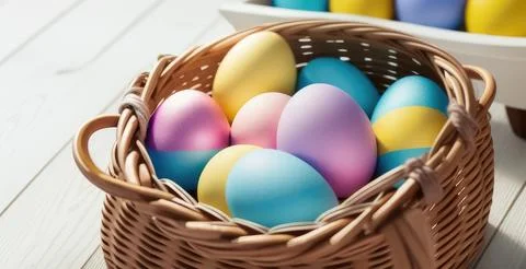 Colorful Easter Eggs in a Basket, Easter Holiday, Easter Decorations, Easter Bac 库存照片