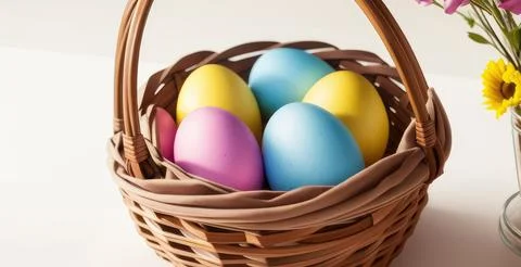 Colorful Easter Eggs in a Basket, Easter Holiday, Easter Decorations, Easter Bac 库存照片