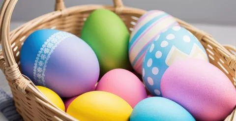 Colorful Easter Eggs in a Basket, Easter Holiday, Easter Decorations, Easter Bac 库存照片