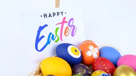 Colorful Easter Eggs in Basket Stock Footage 128305267