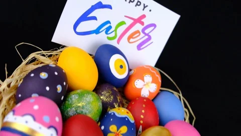 Colorful Easter Eggs in Basket Stock Footage 128312127