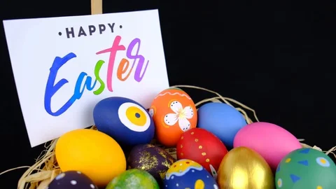 Colorful Easter Eggs in Basket Stock Footage 128312866