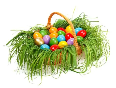 Colorful easter eggs in basket Stock Photos