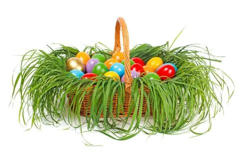 Colorful easter eggs in basket Stock-Fotos