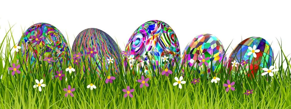 Colorful Easter eggs in beautiful grass - 3D render Stock Illustration
