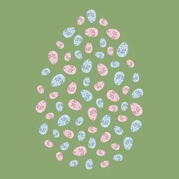 Colorful Easter eggs with blooming twigs shaped egg on green background. Easter 스톡 일러스트