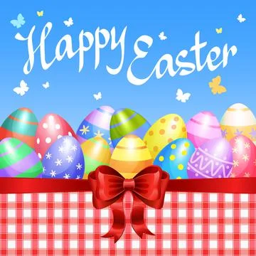 Colorful Easter eggs border with red bow for Easter holidays design. Vector Stock Illustration
